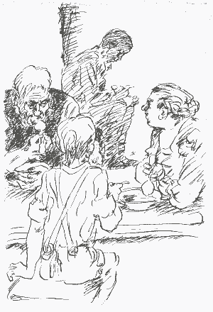 Bauer und Bäuerin sitzen mit dem Jungen am Tisch; Petro muss abseits sitzen